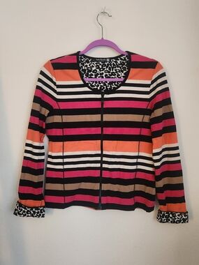 Pink & Orange Striped Zip-Front Women's Top
